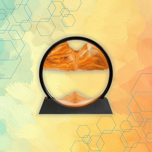 Decorative item with a circular design on a colorful abstract background