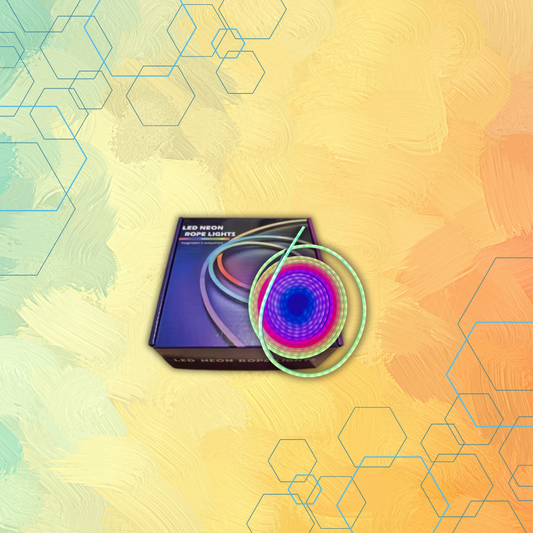 Neon light set with packaging on a colorful geometric background