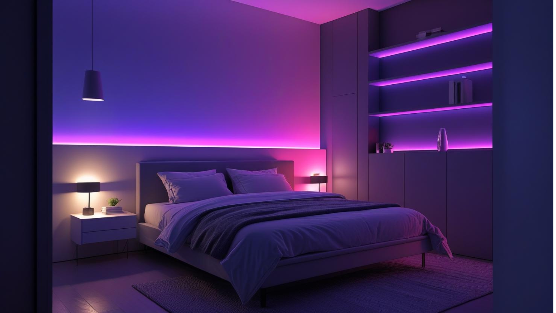 Modern bedroom with purple lighting and decor