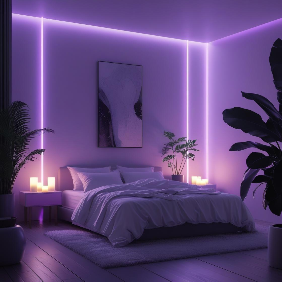Modern bedroom with purple neon lighting, plants, and a bed.