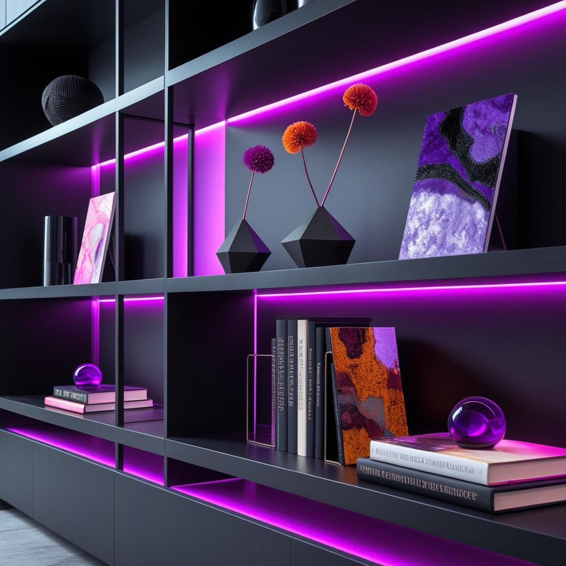 Modern shelf with books, decorative items, and purple LED lighting