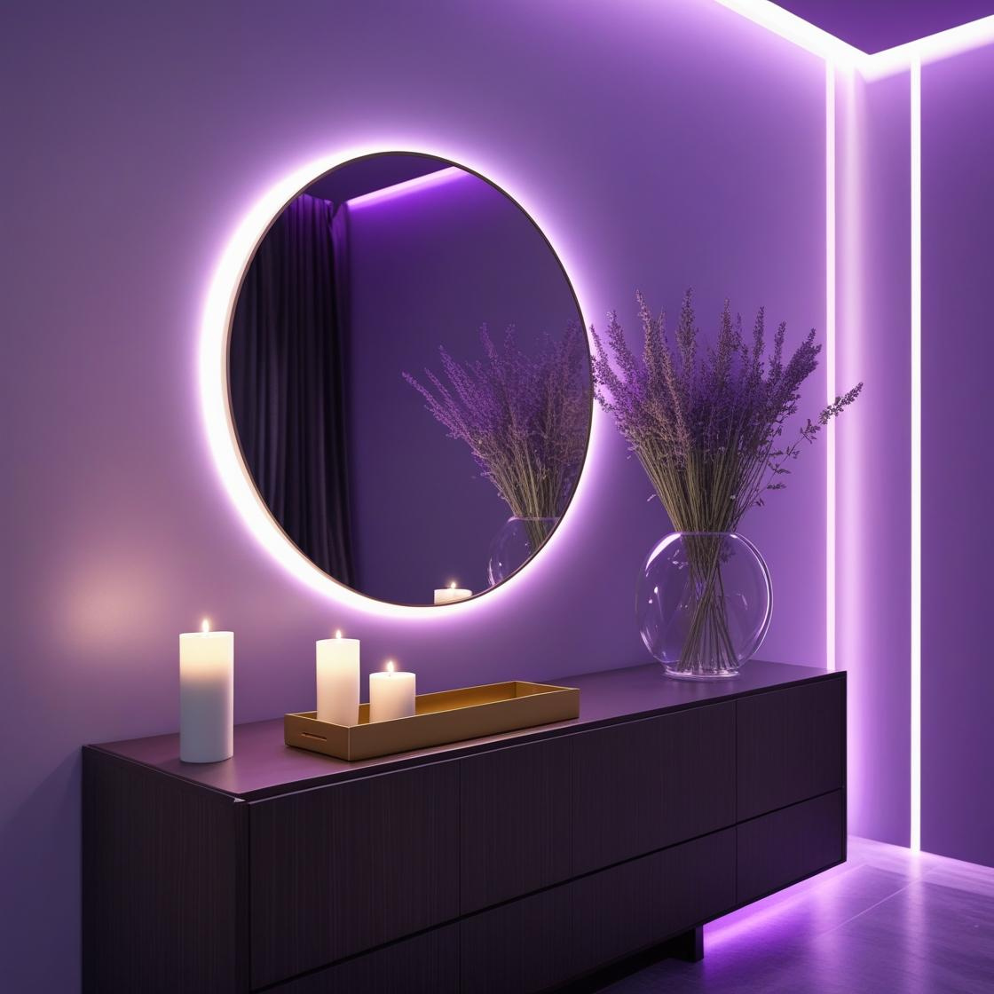 Round mirror with purple lighting on a dark purple wall with candles and a vase.