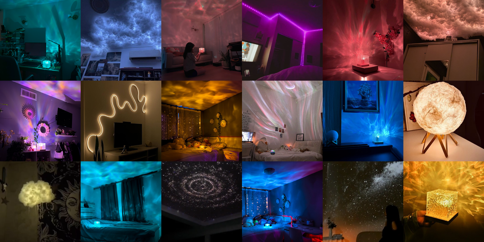 Collage of various room settings with colorful lighting and decorative elements.