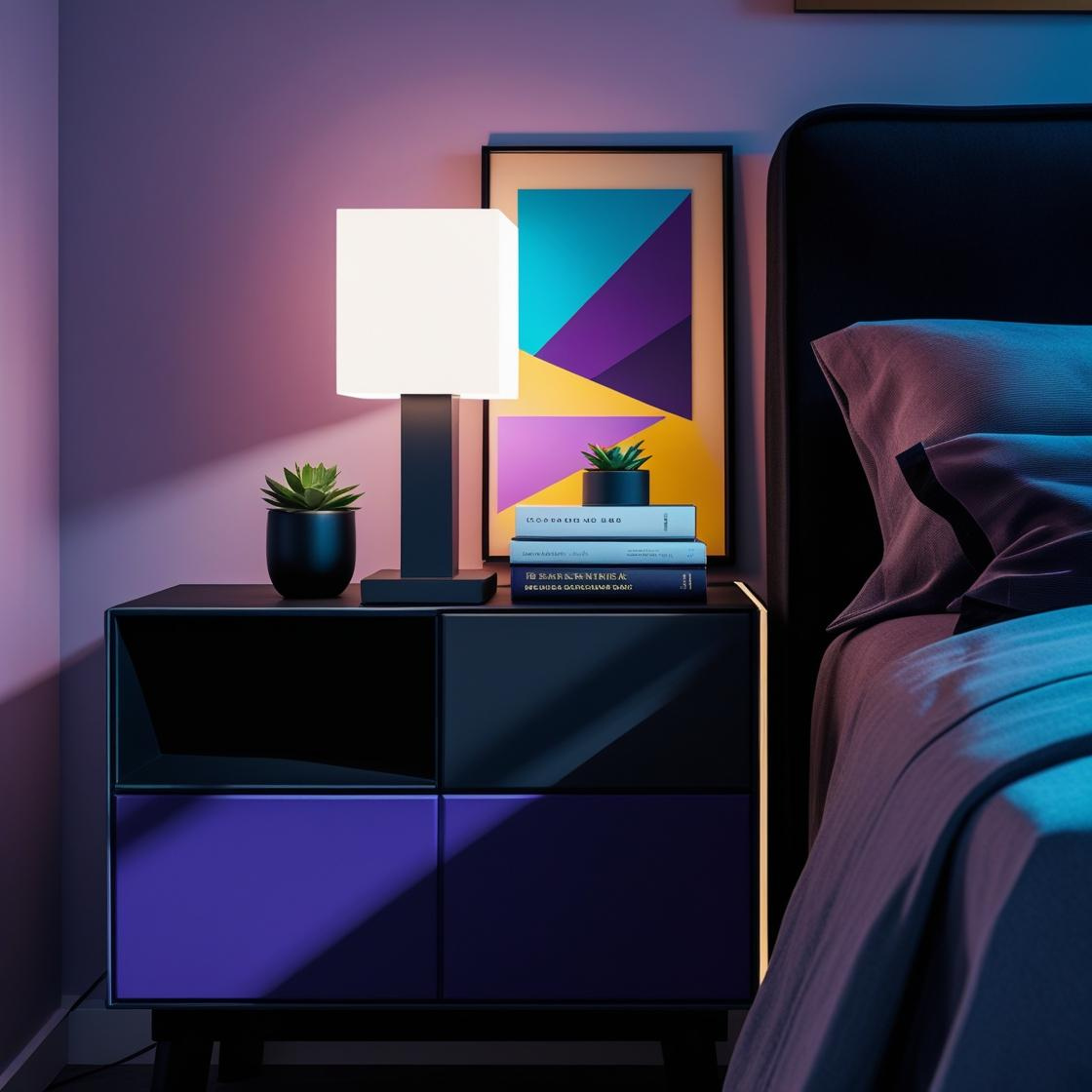 Modern nightstand with lamp, books, and plant in a bedroom setting
